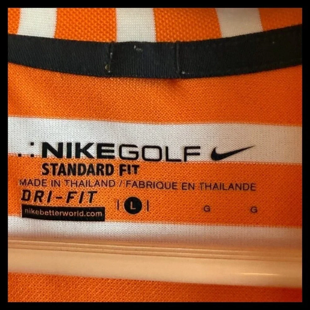 Nike Golf Dri-FIT Polo Shirt Mens Large Orange White Striped Standard Fit